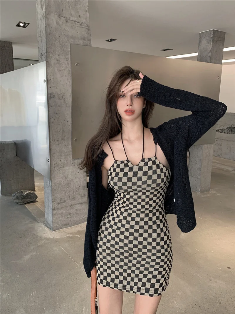 

Hot Girl Halter Plaid Halter Skirt Autumn Slim-Fit Plaid Dress for Women