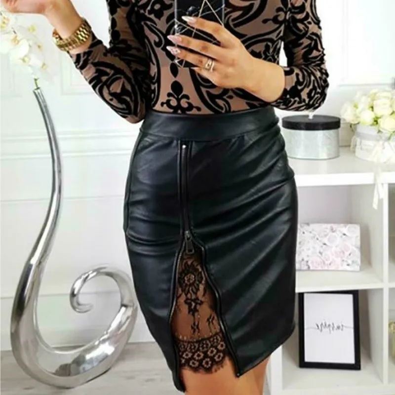 

Fashion Elegant Lace Floral patchwork Women Skirts High waist PU Leather Zipper Split Bodycon Party Street Mini Skirt Clothes