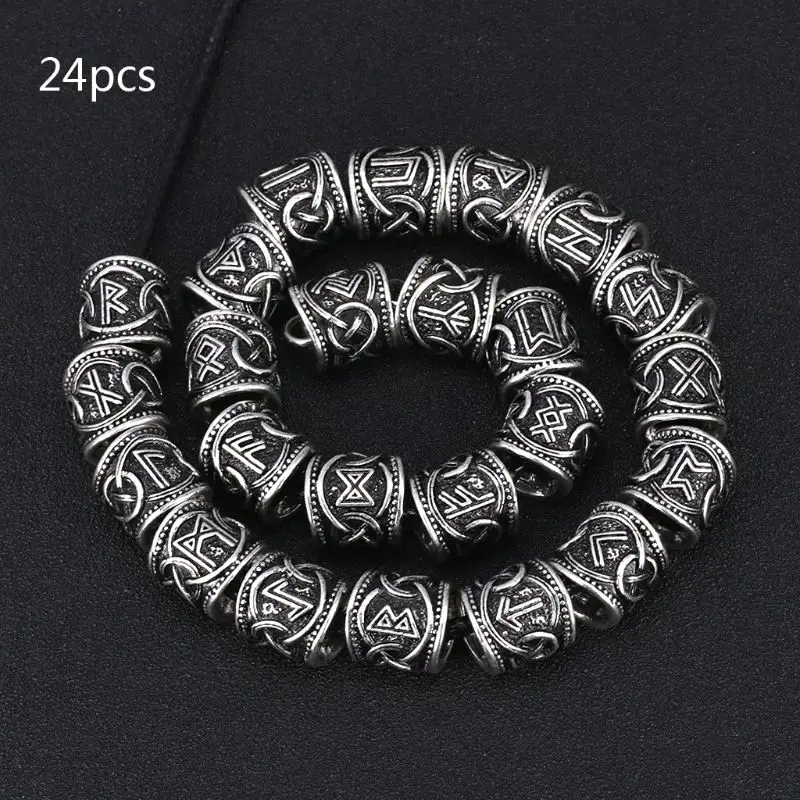 

24Pcs Vintage Silver West Coast Paracord Norse Viking Rune Metal Beads DIY Antique Bracelet Hair Beards Jewelry Making