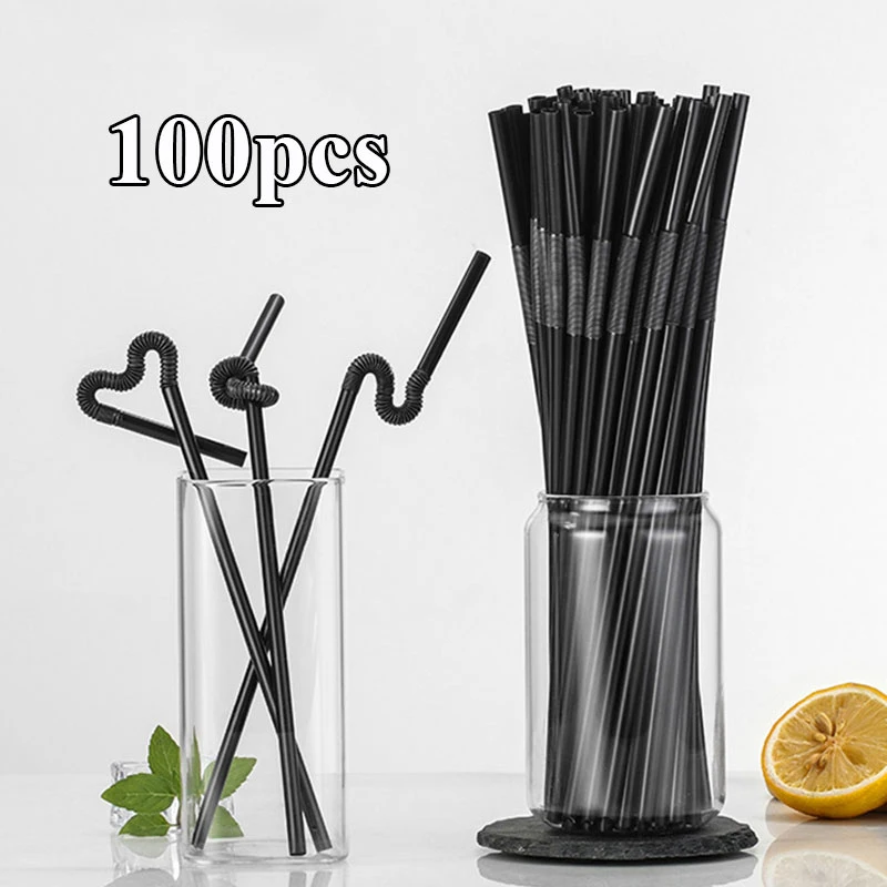 

100pcs/Set Black Cocktail Straws Bar Straws Decorative For Birthday Event Wedding Straws Home Supplies Drinking