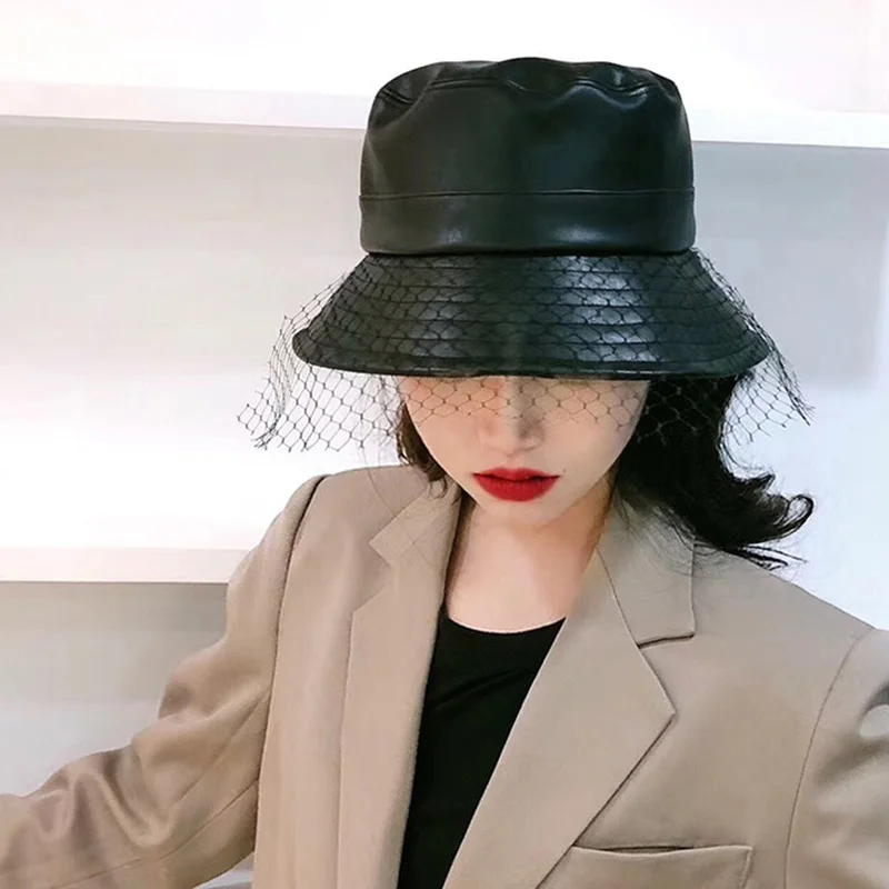 Fashion PU Bucket Hat Leather Fishing Cap Soild Foldable Hiking Hat Hip-Hop Street Waterproof Panama for Women and Men