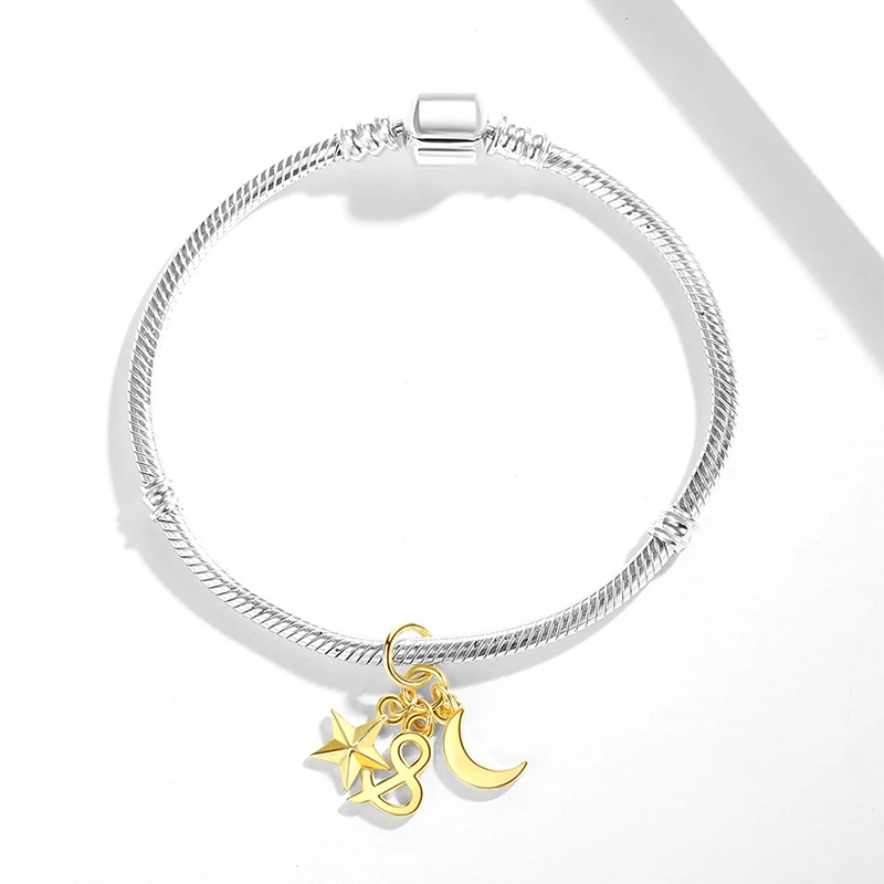 Luxury 925 Sterling Silver Sparkling Beads Sky Moon &amp Star Gold Color Charm fit Charms Bracelet DIY Gift | Украшения и