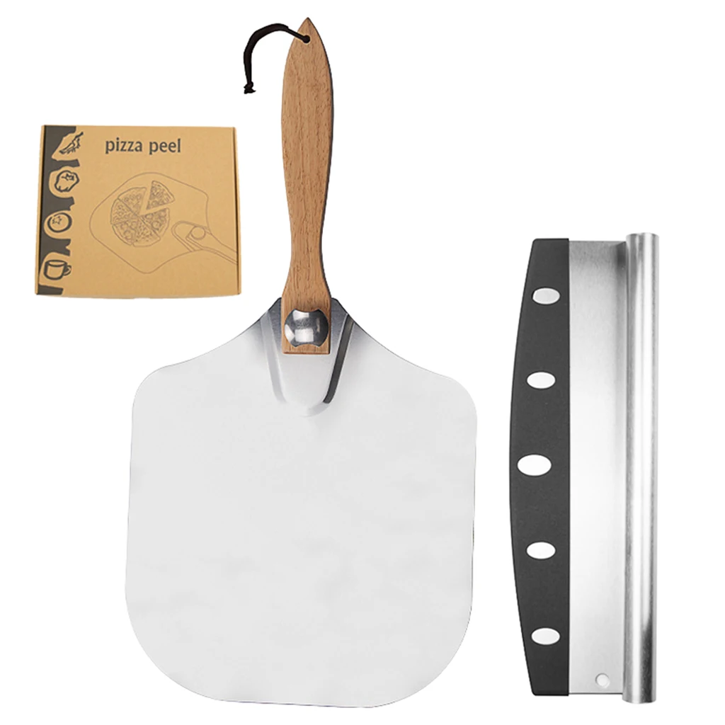 

Pizza Peel 12''x14'' and Pizza Cutter 14'' Rocker Style Blade with Foldable Oaken Handle Convenient To Store Pizza Paddle