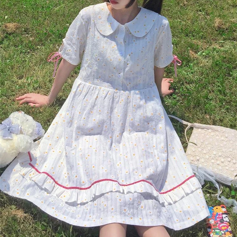 

LUKAXSIKAX 2021 New Women Summer Short Sleeve Dress Sweet Peter pan Collar Little Daisy Print Loose Lolita Dress