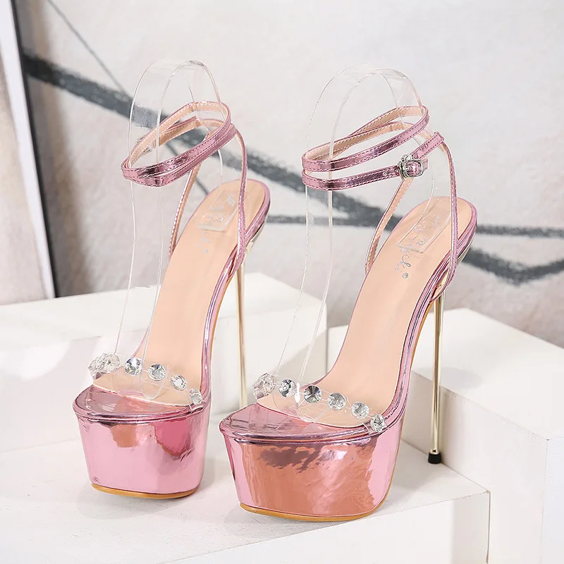 

2021 New Women's Shoes Diamond Thin High Heel Water Platform Button Pink Sandal My198-13 summer boots women