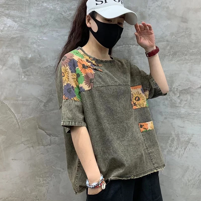 

Max LuLu New 2021 Summer Fashion Women Floral Patchwork Tee Shirts Ladies Short Sleeve Denim T-shirt Girl Vintage Tops Plus Size