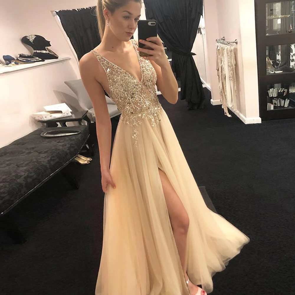 

Deep V-Neck Evening Dresses Long Luxury 2021 A-Line Sexy Tulle Gorgeous Side Split Prom Gowns Elegant robe de soirée de mariage