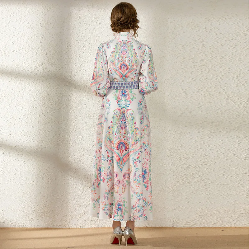 

Autumn Euramerican Ladies Court Print Long Sleeve Shirt Collar Mid-Calf Dresses Vintage Noble Party Elegant Vestido Dresses