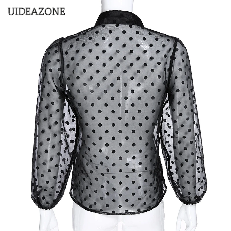 

Polka Dot Women Shirts Transparent Turn down Collar Lantern Sleeve See Through Ladies Blouse 2019 Autumn Blouses Streetwear