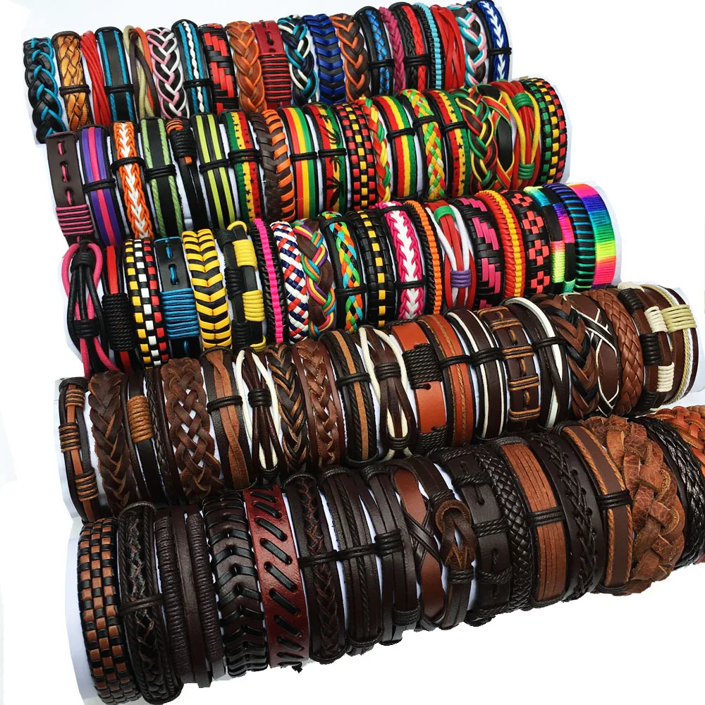 

50PCS/Lot Wholesale Random Retro Woven Bracelet Handmade Leather Braid Bracelet&Bangles Multi Layer Wrap Male Gift Jewelry FT17