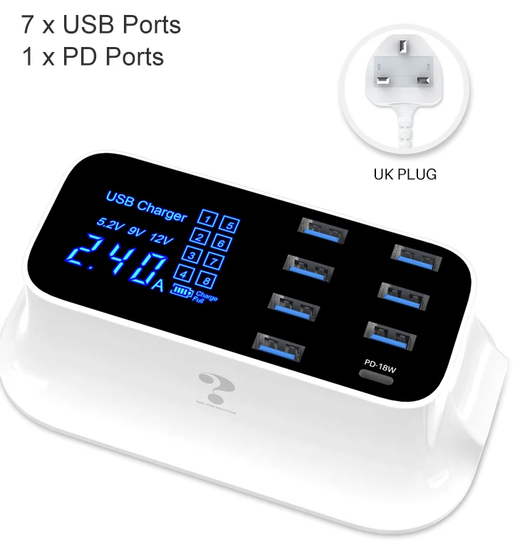 8Ports White UK GOOJODOQ PD зарядное устройство 40 Вт 8 портов USB зарядное устройство умный светодиодный дисплей USB быстрая зарядка для Apple адаптер для IPhone IPad Xiaomi samsung - Тип штекера: 8Ports White UK