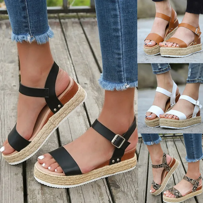 

Summer Plus Size Female Roman Style Open-toed Sandals One-word Buckle Straw Woven Rope Thick-soled Daily Wear Women Beach Sandal