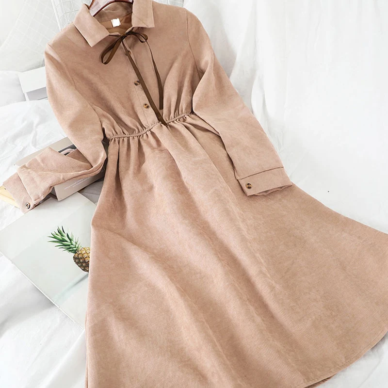 Spring Women Kawaii Solid High Waist A-Line Knee-Length Dress Casual Korean Bow Turn-Down Collar Long Sleeve Vestidos | Женская одежда
