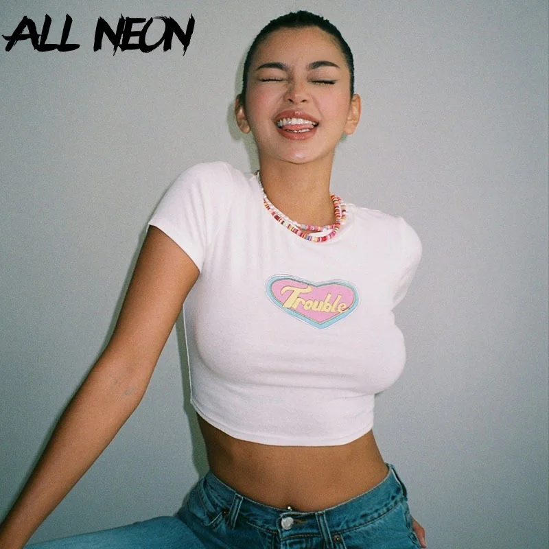 

ALLNeon Streetwear Vintage Heart Print Letter Green Baby Tees Cute Fashion 90s O-neck Short Sleeve Crop Tops Retro T-shirts