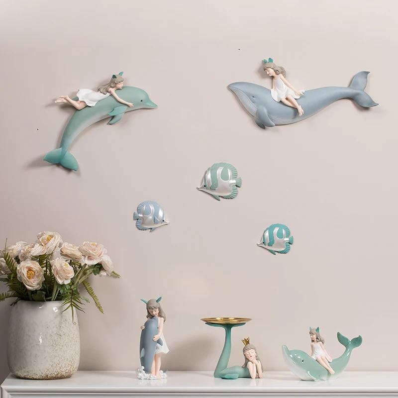 

Скандинавские милые украшения из смолы для девочек, Кита, рыб, настенные фрески для дома, гостиной, настенные подвесные поделки, украшения д...