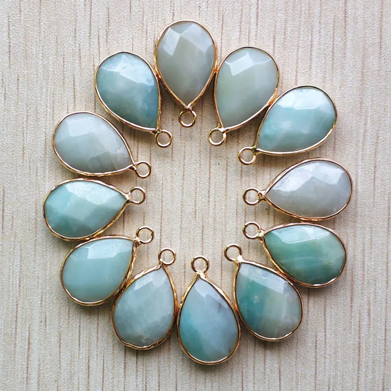 

Wholesale 12pcs/lot Natural amazonite stone section water drop gold color Connector pendants for Bracelets necklace making free