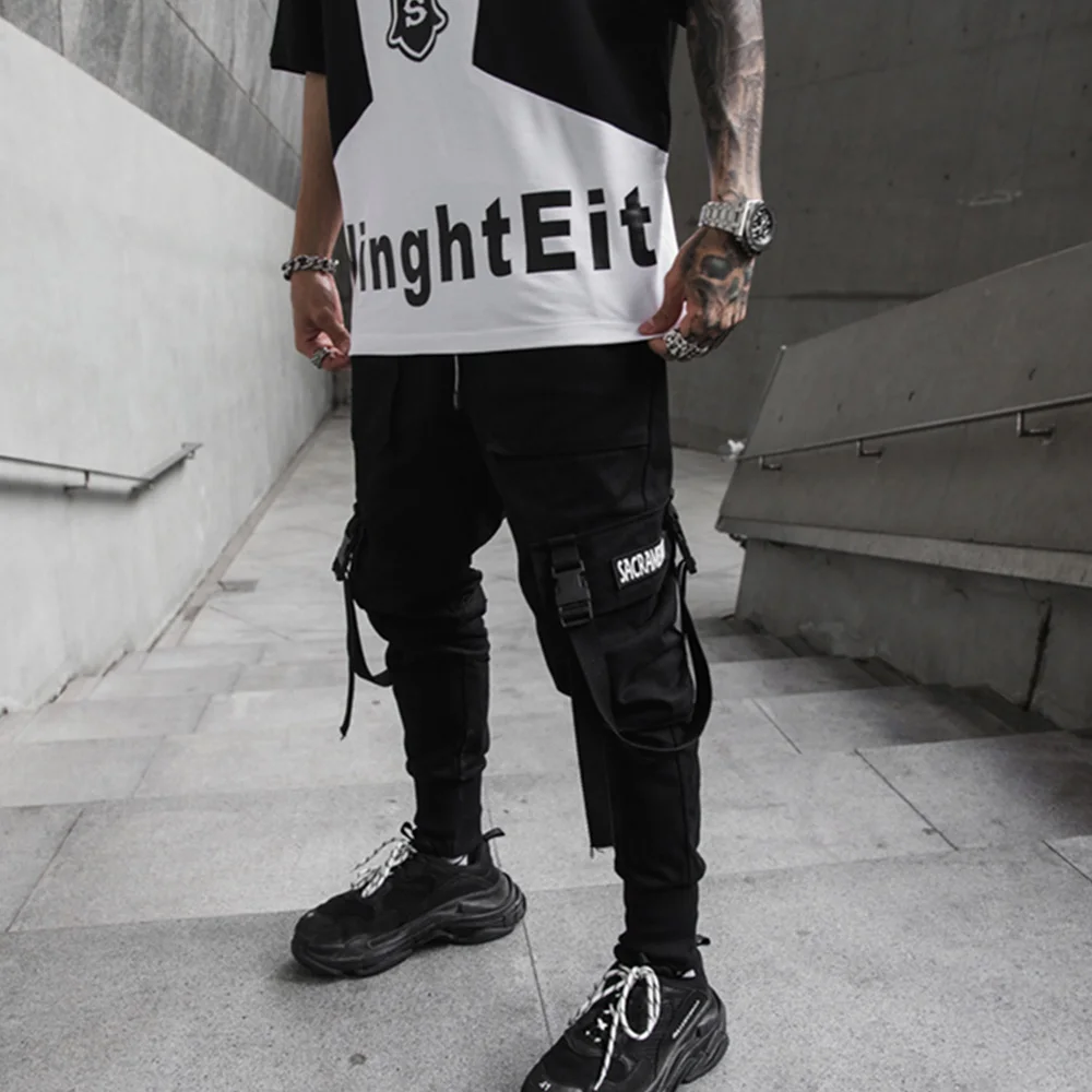 Мужские черные шаровары в стиле хип-хоп уличные спортивные брюки с несколькими