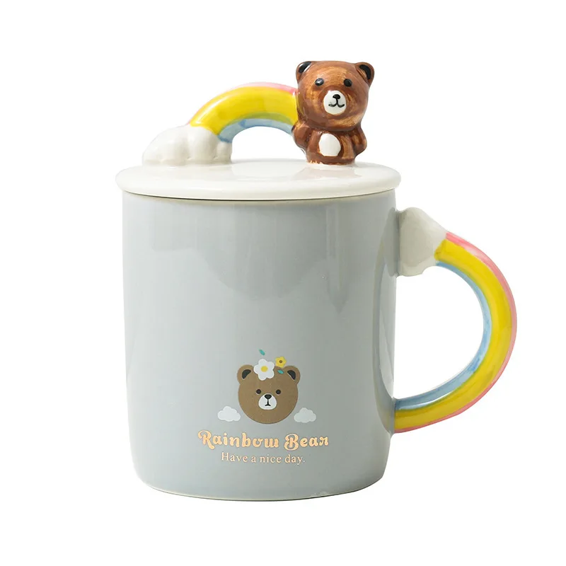 Кофейная кружка в Корейском стиле с радужным мультяшным медведем 400 мл