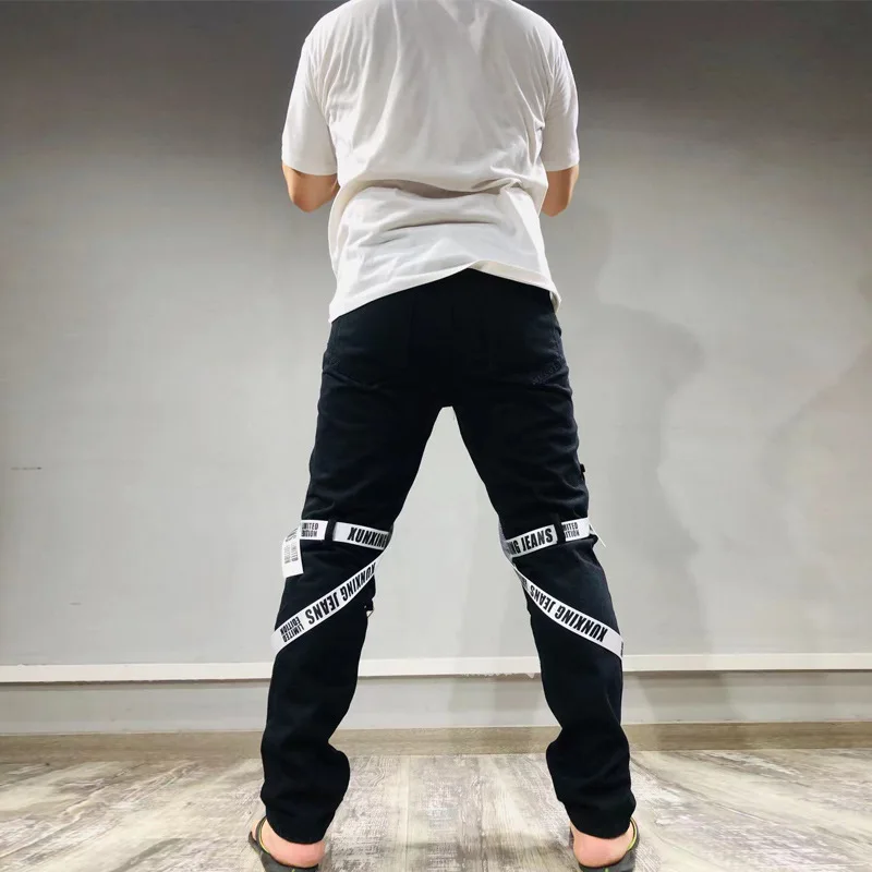 2022 New Arrival Patch Straps Hip Hop Men Pencil Jeans Trousers Hole Ripped Slim Punk Goth Denim Pants For Teens Pantaloni Uomo