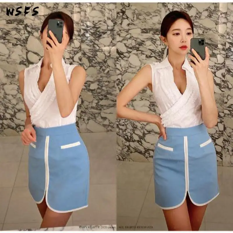 

2 Piece Set Summer Dress White Shirt Tops Womens Dresses Blue Mini Wrap Skirts Office Bandage Sexy Party Korean Clothes Vestidos