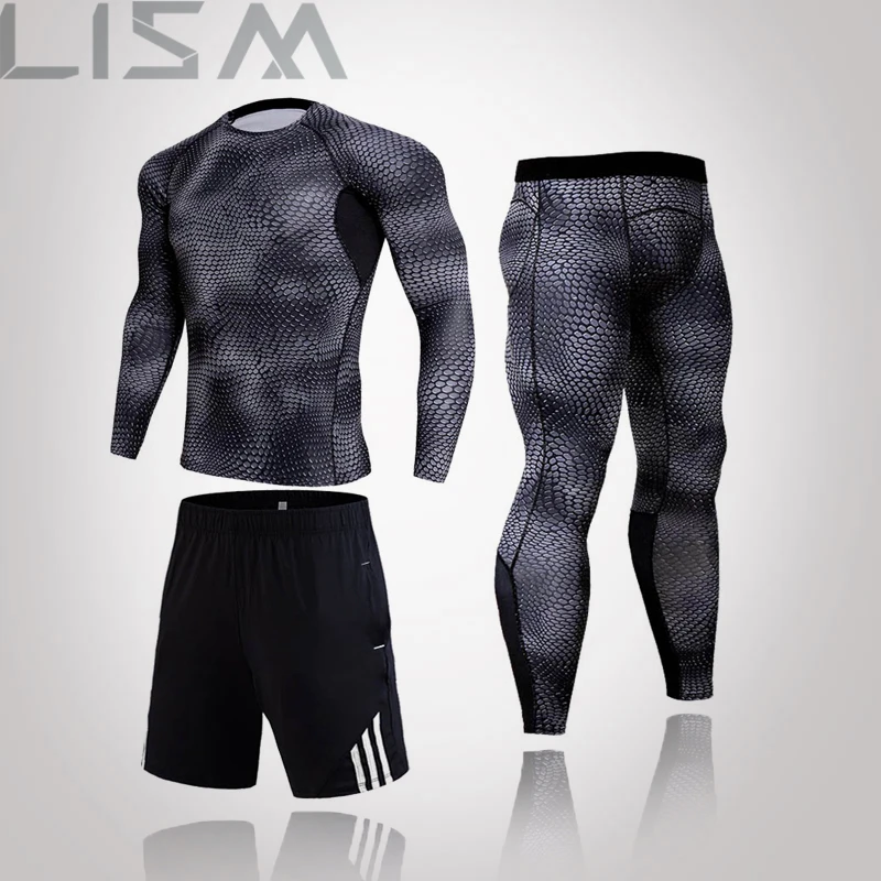

Бег комплект одежды из 3 предметов Для мужчин обучение спортивной костюм тренажерный зал Фитнес компрессионный спортивный костюм для бега ...