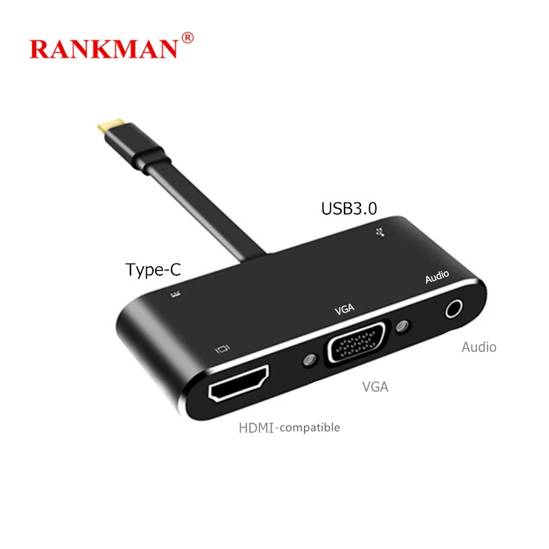 

Rankman Type-C to 4K HDMI-compatible VGA USB 3.0 C Aux Adapter for MacBook Samsung S9 Dex Huawei P30 Dock Xiaomi 10 TV Projector
