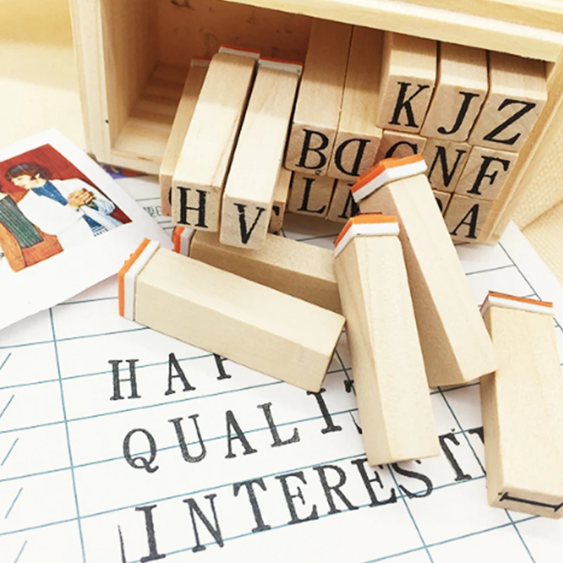 

26pcs/box uppercase letter series square shape wooden stamp decoration gift funny DIY tool