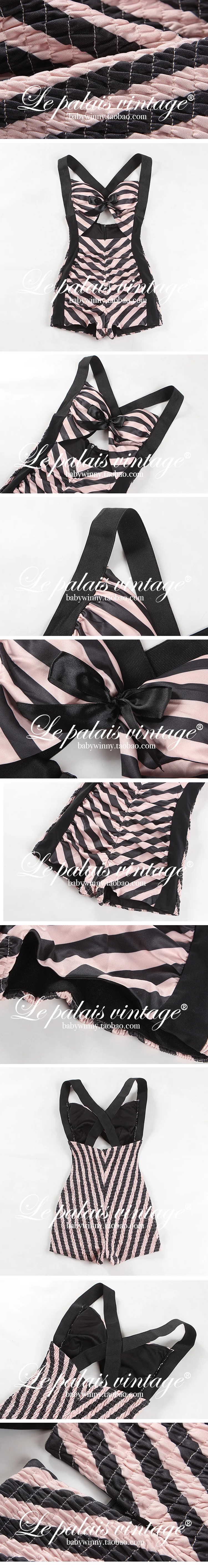 Le Palais Vintage 50s Classic Slim Pink Striped One-piece Swimsuit Women Sexy with Breast Pad Swimwear