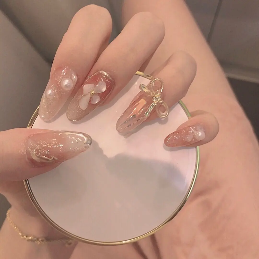 

GY Fake Nails Can Be Taken with Handmade Phototherapy Finished Manicure Fairy Nude Powder Bow Wear Nail Detachable Manicure