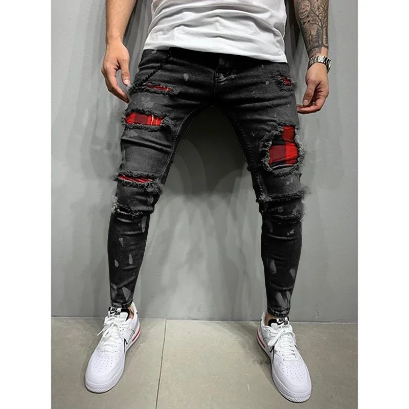 Hole ripped jeans men Slim Fit Skinny jeans Hip hop fashion Streetwear patchwork jeans Elasticity Gothic pants men