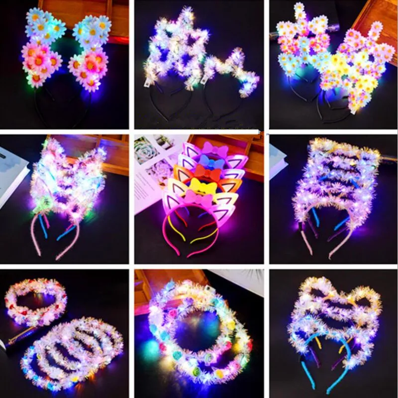 

2021 New Cat Animal Ears Glow Headband Women Girls Flashing Blinking Hairbands Halloween Bar Glow Party Supplies