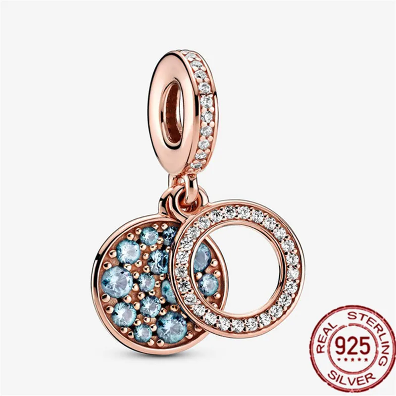 

Valentines Day New 925 Sterling Silver Bead Sparkling Pink Disc Double Dangle Charm Fit Original Pandora Bracelet Jewelry Gift