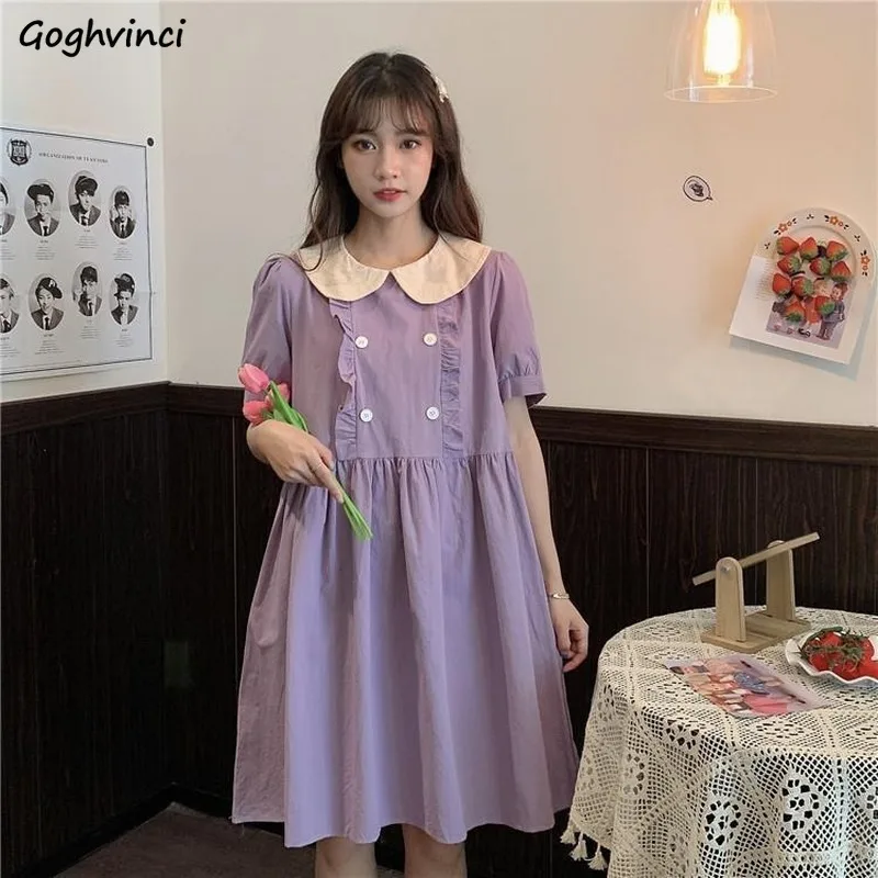 

Women Short Sleeve Dress Patchwork Peter Pan Collar Buttons Elastic Waist Loose Slim Elegant French Retro All-match Sweet Chic