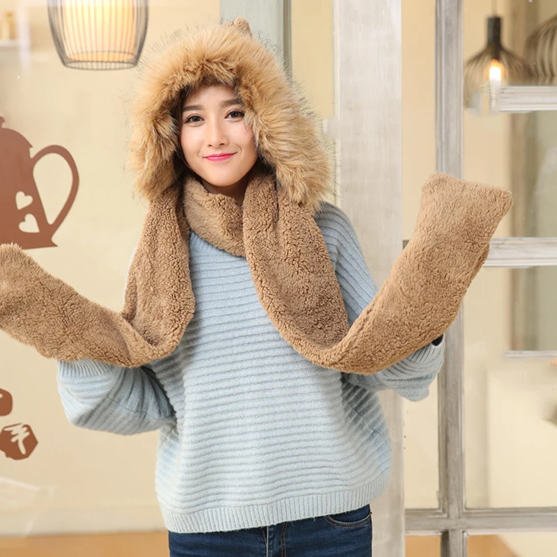 3 в 1 женский зимний теплый мягкий шарф с капюшоном снуд карманные шапки перчатки