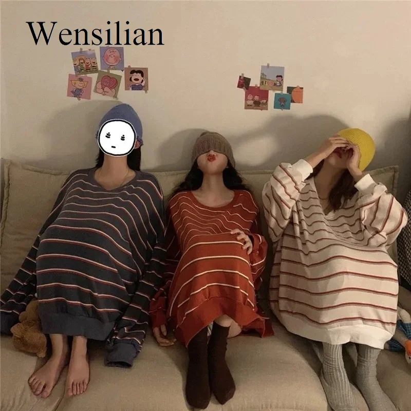 

Striped Print Women's T-Shirt Korean Stylish Loose Long Sleeve O Neck Tees Women College Style Plus Size Ladies Spring Tops