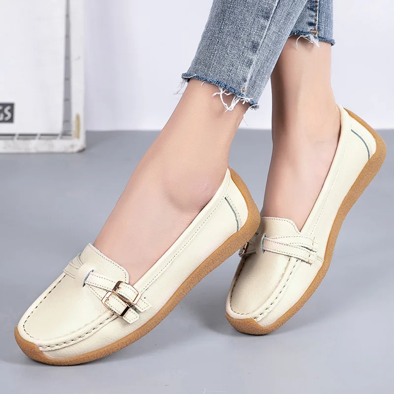 

2021 New Genuine Leather Shoes Woman Slip On Women Flats Moccasins Women's Loafers Spring Autumn Mother Shoe Big Size 35-41