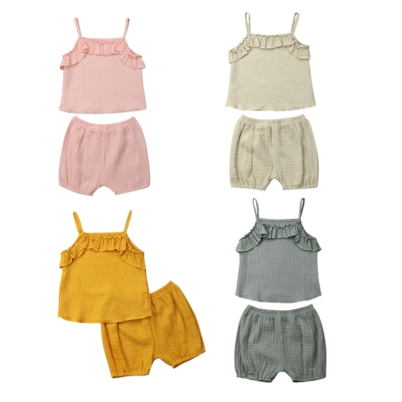 

Модный комплект одежды для маленьких девочек, детская летняя одежда из хлопка жилет с оборками топы + шорты комплект из 2 предметов, празднич...