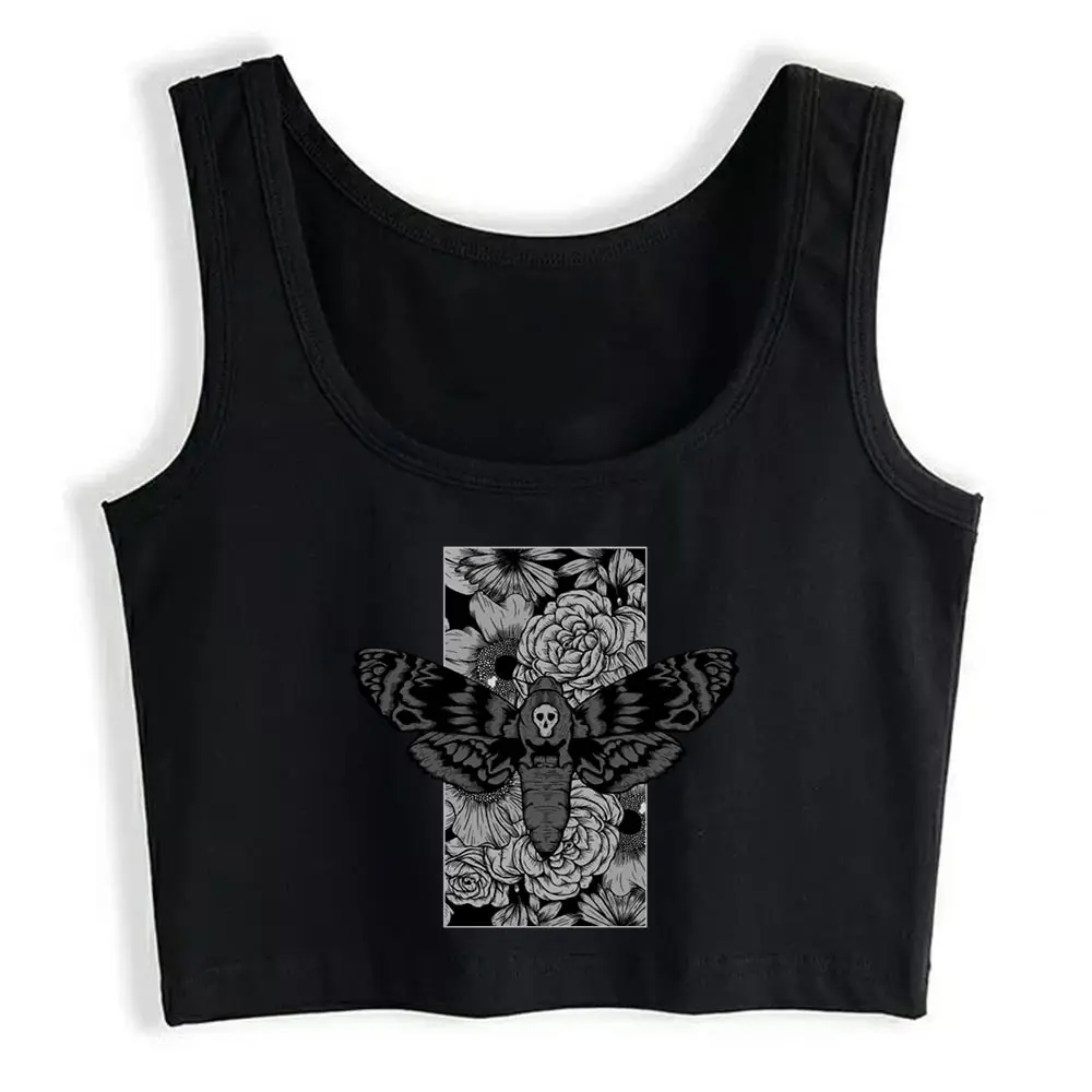 

Crop Top Female Death Moth Funny Black Cotton Tank Top Women Summer Clothes