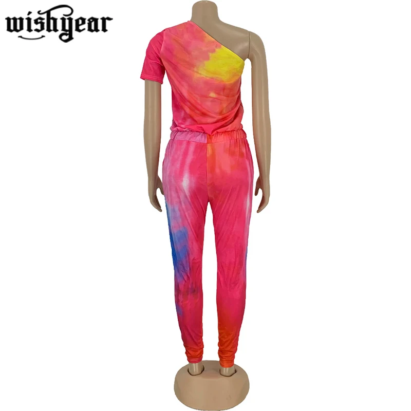 

Women Summer Tie Dye Print One Shoulder Skew Neck High Waist Lace Up Jumpsuit Short Sleeve Sport Fashion Long Romper Playsuit