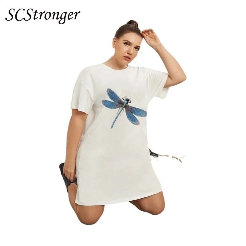 

SCSTRONGER Summer New Pure White Women's Clothing Dragonfly Printed round Neck Large Size T shirt Skirt 2021 футболка женская