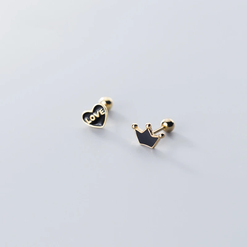 

Серьги-гвоздики с асимметричной короной и сердечком из стерлингового серебра S925 пробы в Корейском стиле для женщин и девочек, ювелирные изд...