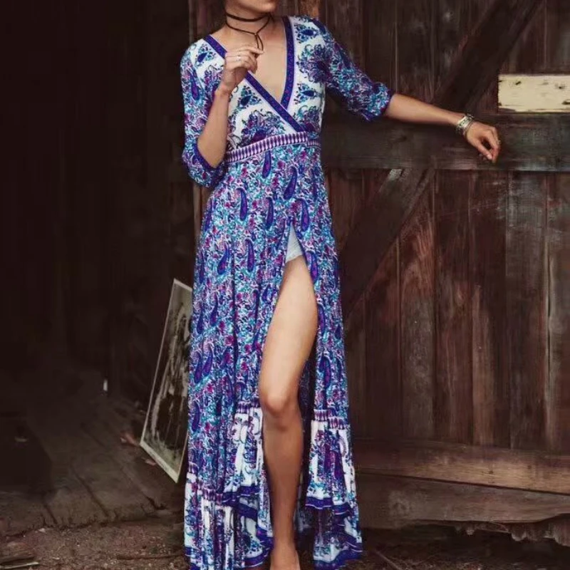 Женское пляжное платье макси с цветочным принтом V образным вырезом и рукавом