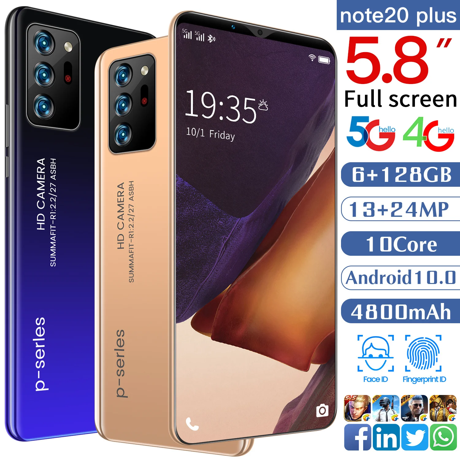 

Note20 Plus Smartphone Android10 Ultra-thin 5.8'' Drop Screen 6+128GB 4800mAh MTK6799 Cell Phone 10core Unlocked Cell Phones
