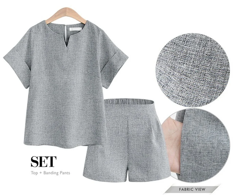 

2021Women's Summer Suit Short Sleeve Top Female Shorts Sets Plus Size Cotton Sets Womens Outfits High Waist Casual Clothing Sets