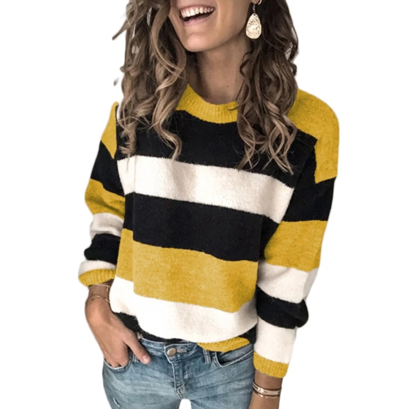 

Женский свитер с длинным рукавом и круглым вырезом, в полоску
