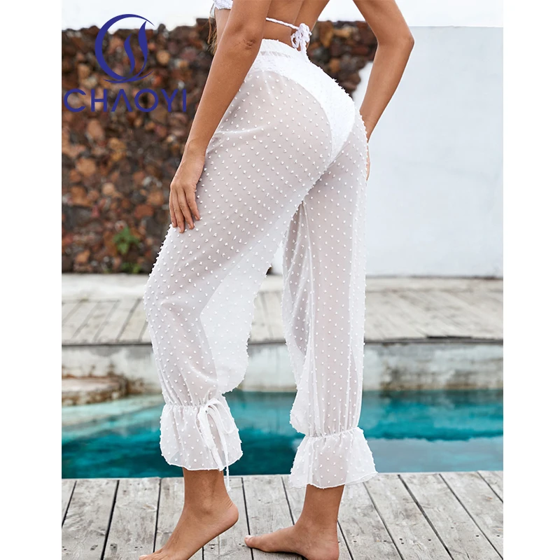 

CC Sexy White Dot Beach Pants Women See Through High Waist Ruffle Trousers Bikini Cover Up Vacation Fashion Outing Casual Wear