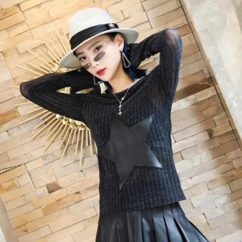 Женские черные футболки со звездами и пятиконечным узором облегающий пуловер из