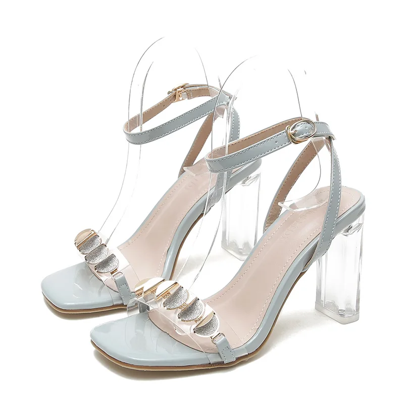 

High Heel Sandal for Women Shoes Lady 2021 Suit Female Beige Square Toe High-heeled New Fashion Black Summer Rhinestone Plastic