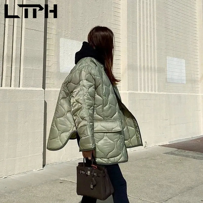 LTPH vintage women parkas green quilted jacket light thin warm large pockets oversized loose mid-length coats 2021 autumn new