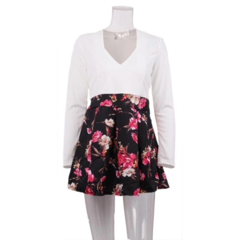 

Women Summer Dresses 2021 Models Sexy low-cut V-neck long-sleeved Floral Patchwork Mini Dress Vestidos Ropa Mujer